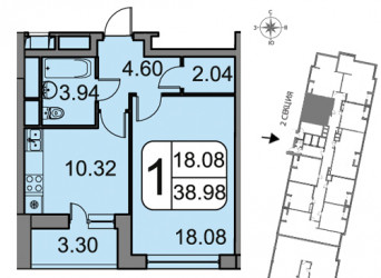 Однокомнатная квартира 38.98 м²