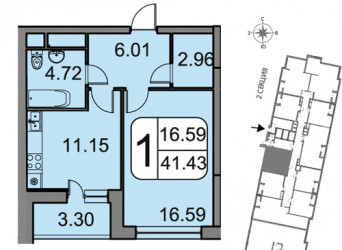 Однокомнатная квартира 41.43 м²